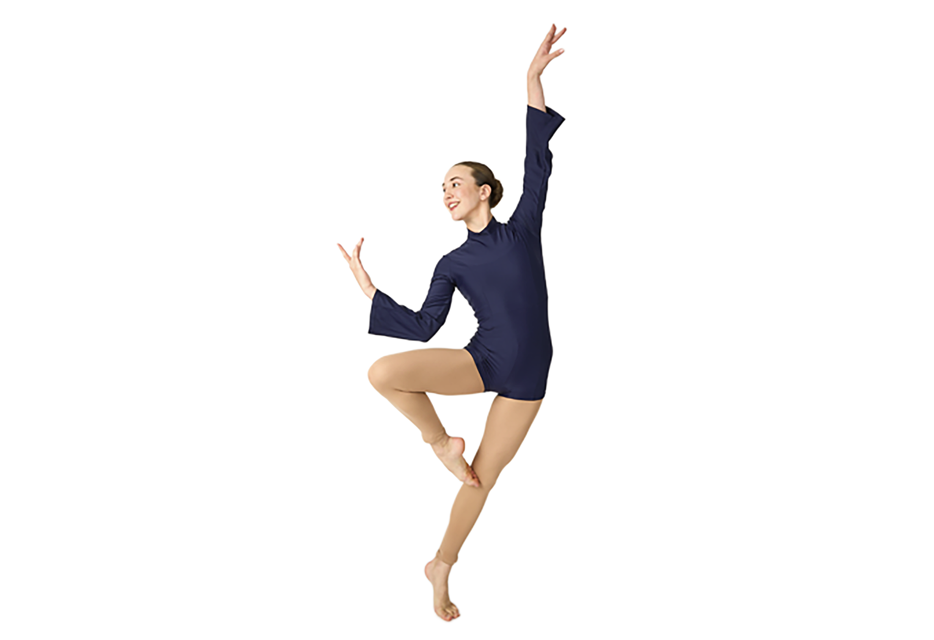 A Dance Connections dancer mid-leap in a navy long-sleeve leotard with tan tights
